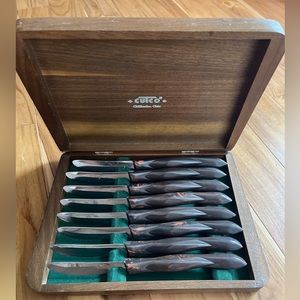 Vintage Cutco 1758 set of 8 Orange Swirl handle Stainless Knives in Wood…